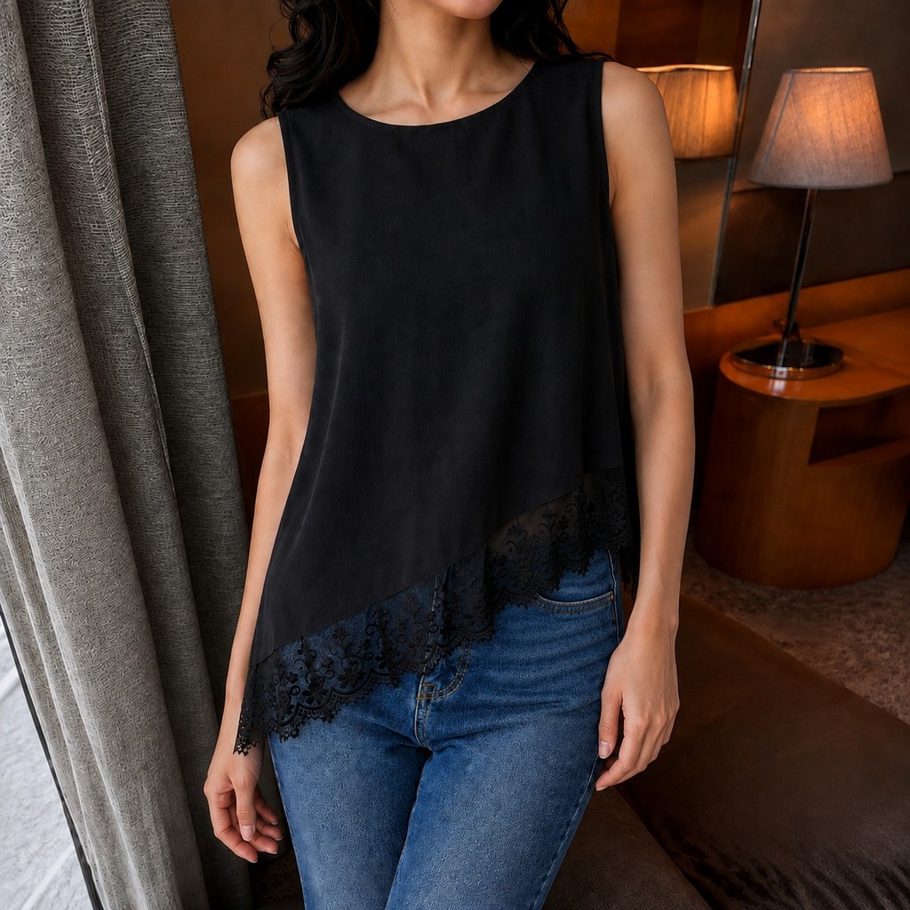 Vallina Outfit Reyna Satin Inner Top Polka Asimetris Blouse Wanita Korean Style Atasan Satin Casual Aesthetic - Gambar 2