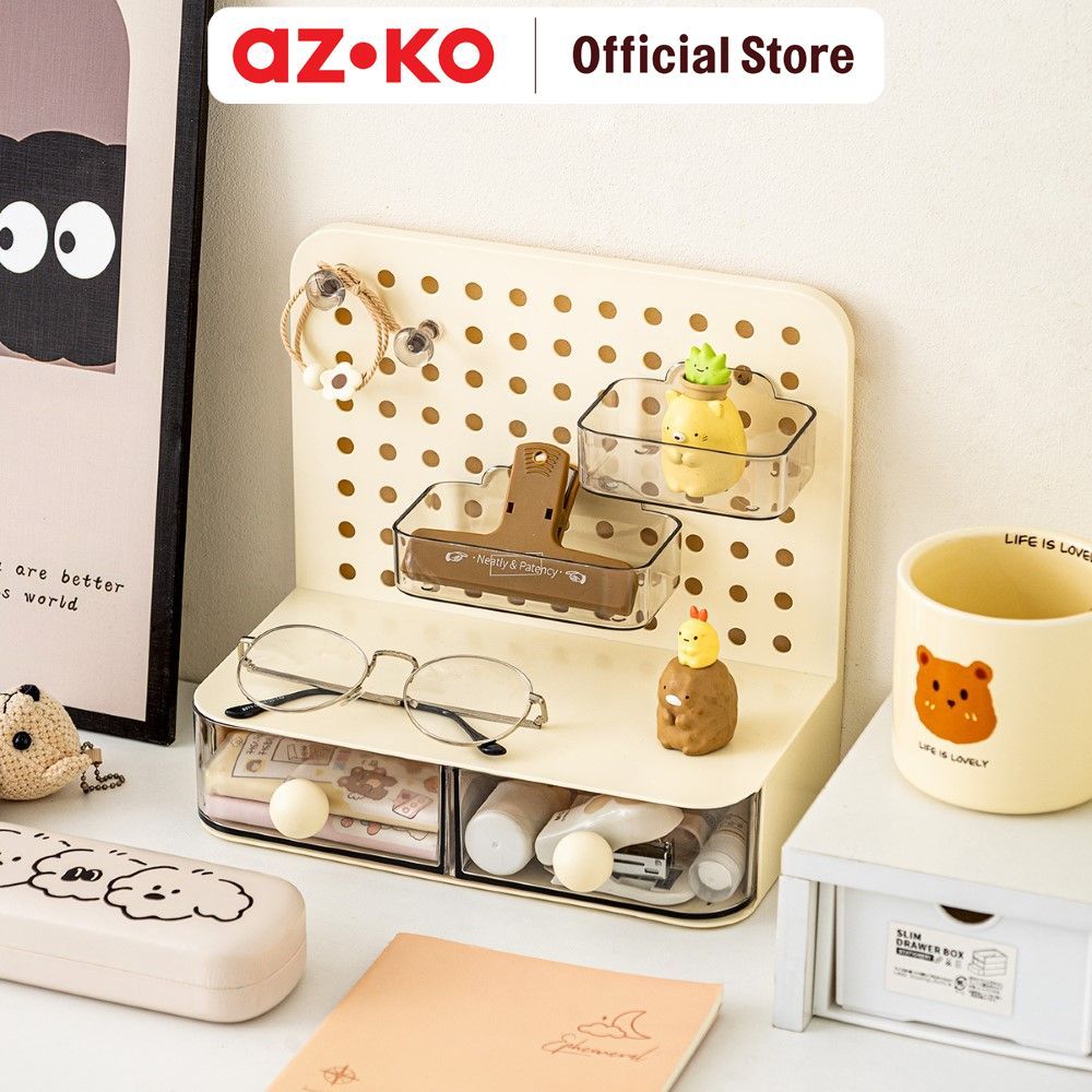 AZKO Stora Bloop Laci Penyimpanan Dengan Papan Pegboard - Krem Ivory Organizer Meja Pegboard Laci Mini Storage Stationery
