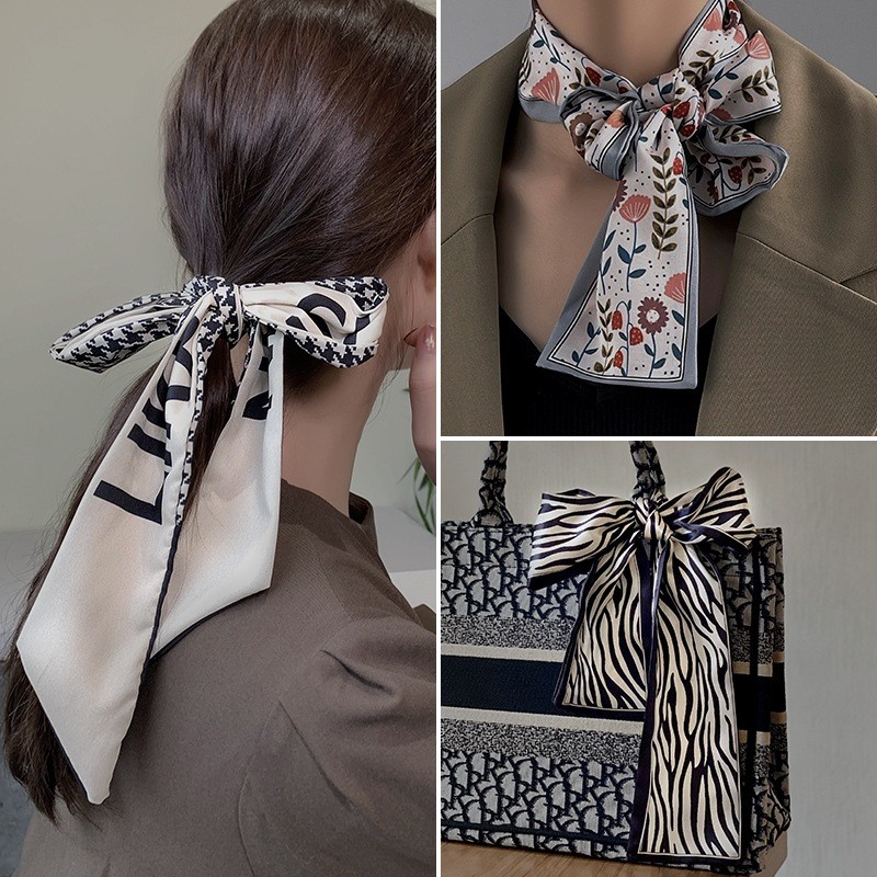 SeeVibe Huruf Houndstooth panjang syal sutra temperamen streamer elegan retro cetak syal sutra headband - Gambar 4