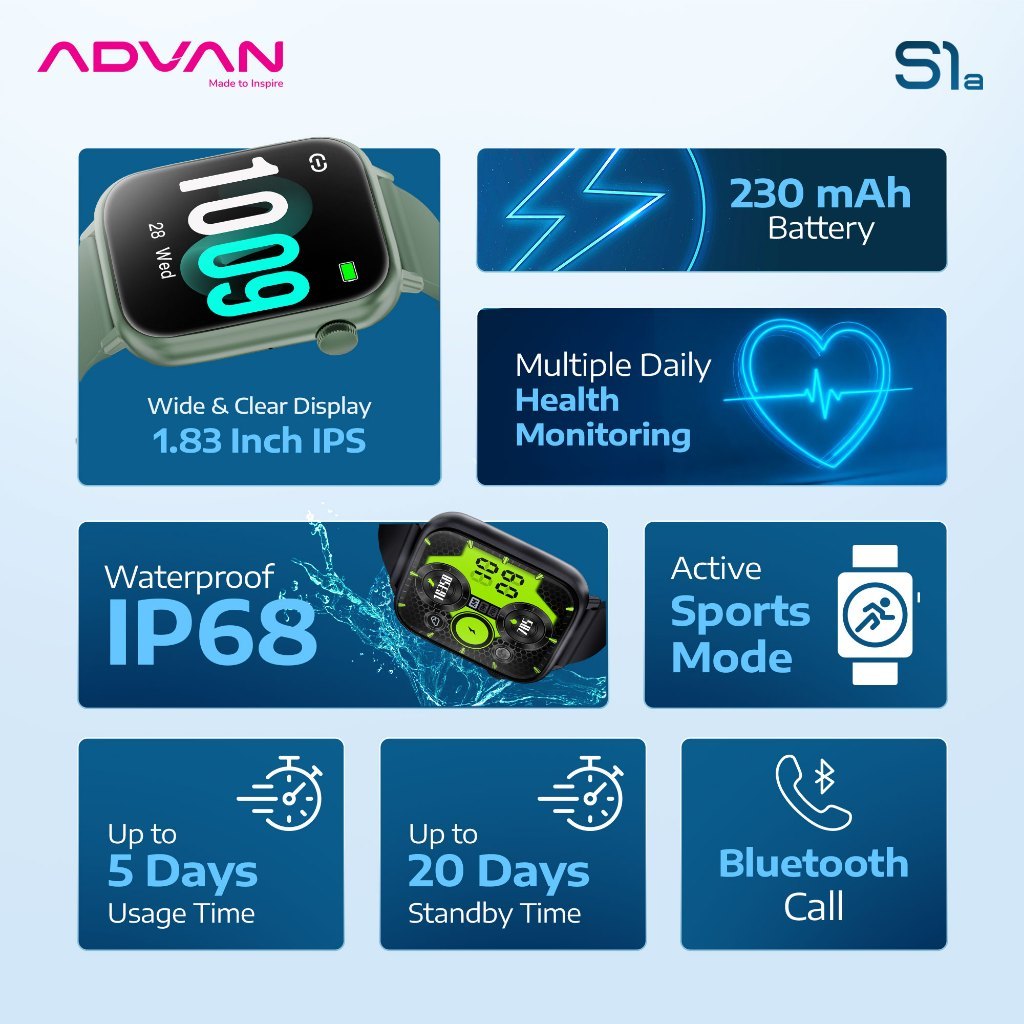 ADVAN Smartwatch S1A / S1-A IPS Display 1.83" Touchscreen Waterproof IP68 Bluetooth Call Health Monitoring - Gambar 2