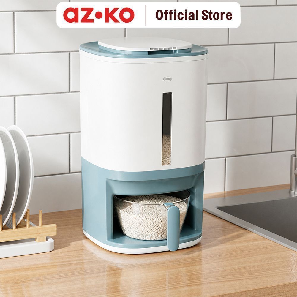 AZKO Culinart Tempat Beras Plastik Dengan Pengukur Dan Saringan 12 Kg - Putih Bin Beras Storage Rice Kontainer Gabah Rice Keeper