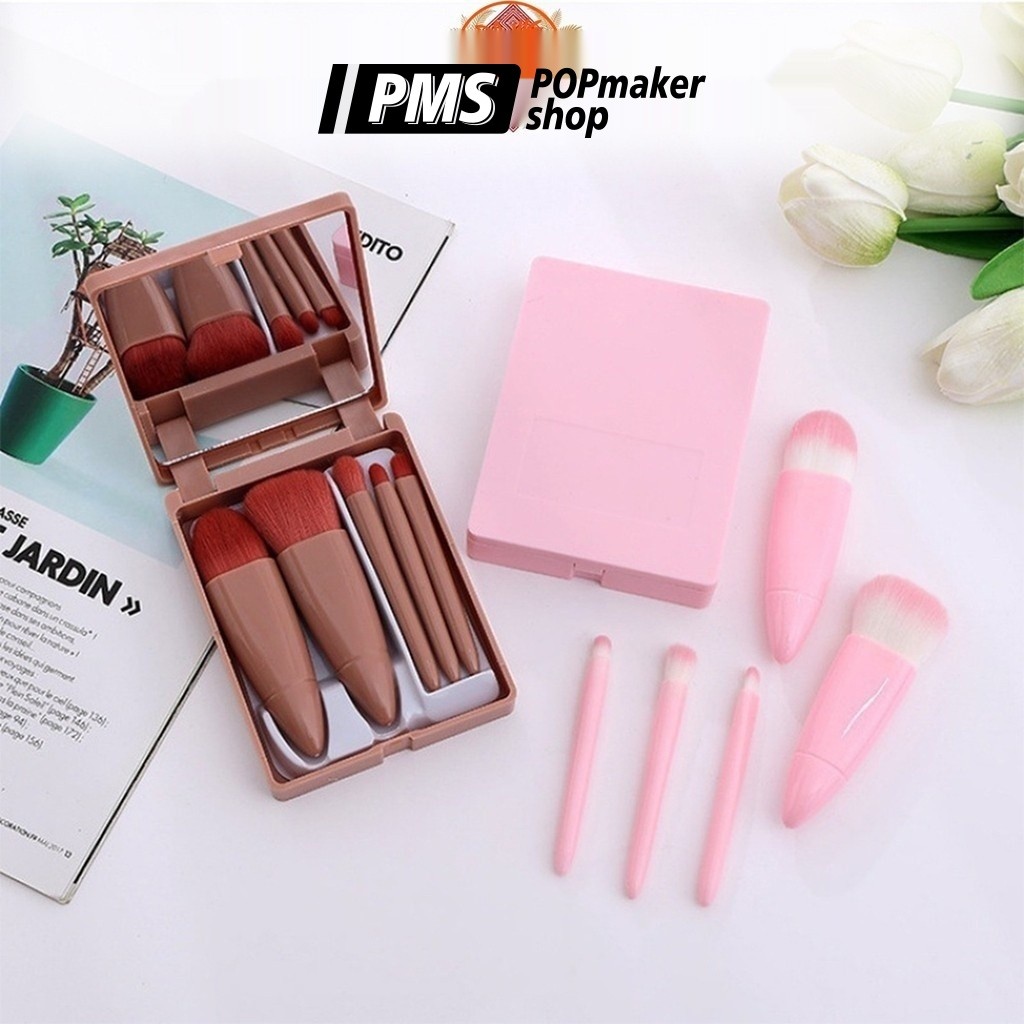 PoPmaker shop kuas makeup portable dengan cermin praktis lembut bulu halus aplikasi rata kosmetik cantik wanita H457 COD - Gambar 4