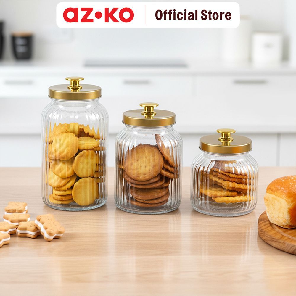 AZKO Culinart Luxe Stoples Kaca Set 3 pcs Transparan - Gold Toples Jar Food Container Setoples Wadah Penyimpanan Kedap Udara