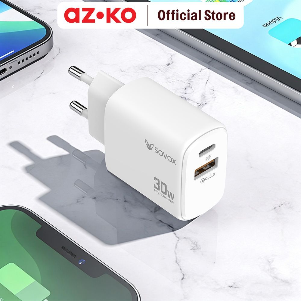 AZKO Sovox Kepala Charger 1 USB-A & 1 Type-C Dengan Kabel 1 Meter - Putih Adaptor Fast Charging Charger Set Kabel Travel Charger Pengisi Daya - Gambar 3