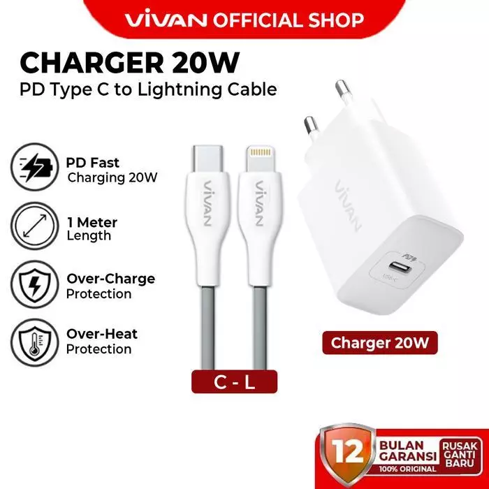 VIVAN C20SL Adaptor Charger 20W Include Kabel Type C To Lightning - Gambar 2