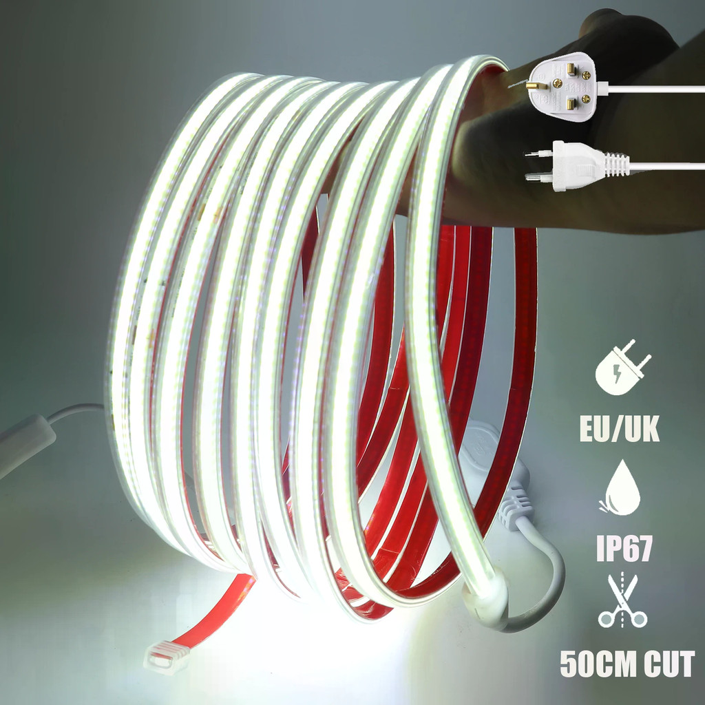 220V COB LED Strip Light with Adhesive Flexible EU Power Plug RA 90 ...