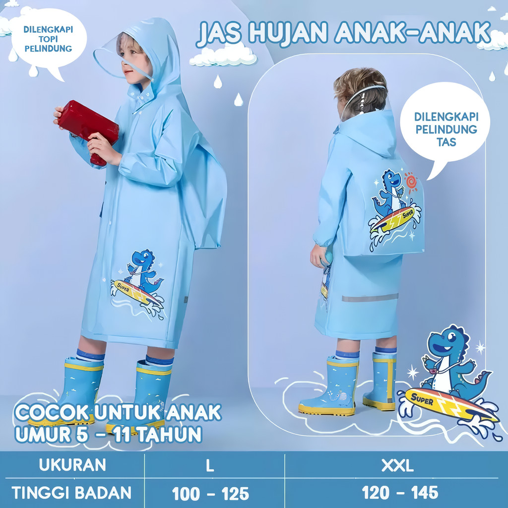 Jas Hujan Anak Motif Lucu Bahan PVC Anti Air dengan Topi dan Tas Pelindung, Ringan Nyaman untuk Sekolah dan Aktivitas Musim Hujan - Gambar 2