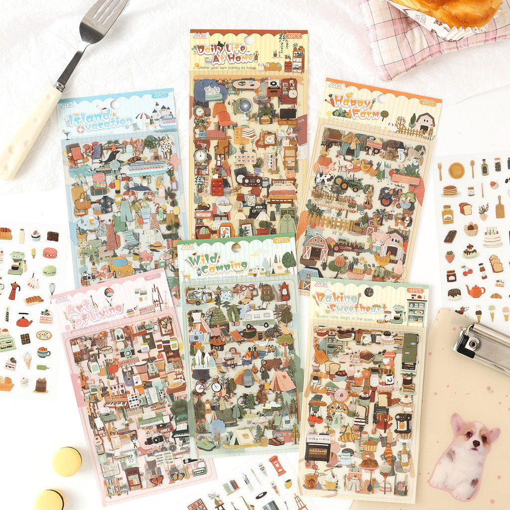 4 Sheets Scrapbooking Sticker Pre-Cut PET Daily Life at Home for ...
