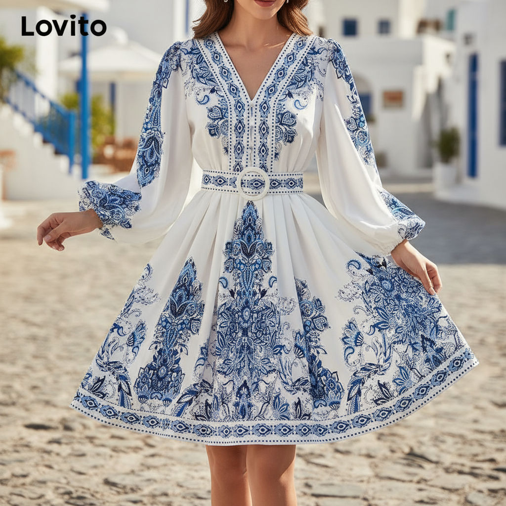 Lovito Bohemian Style Dress for Women with Tribal and Geometric Print  LNL60113 | Shopee Singapore