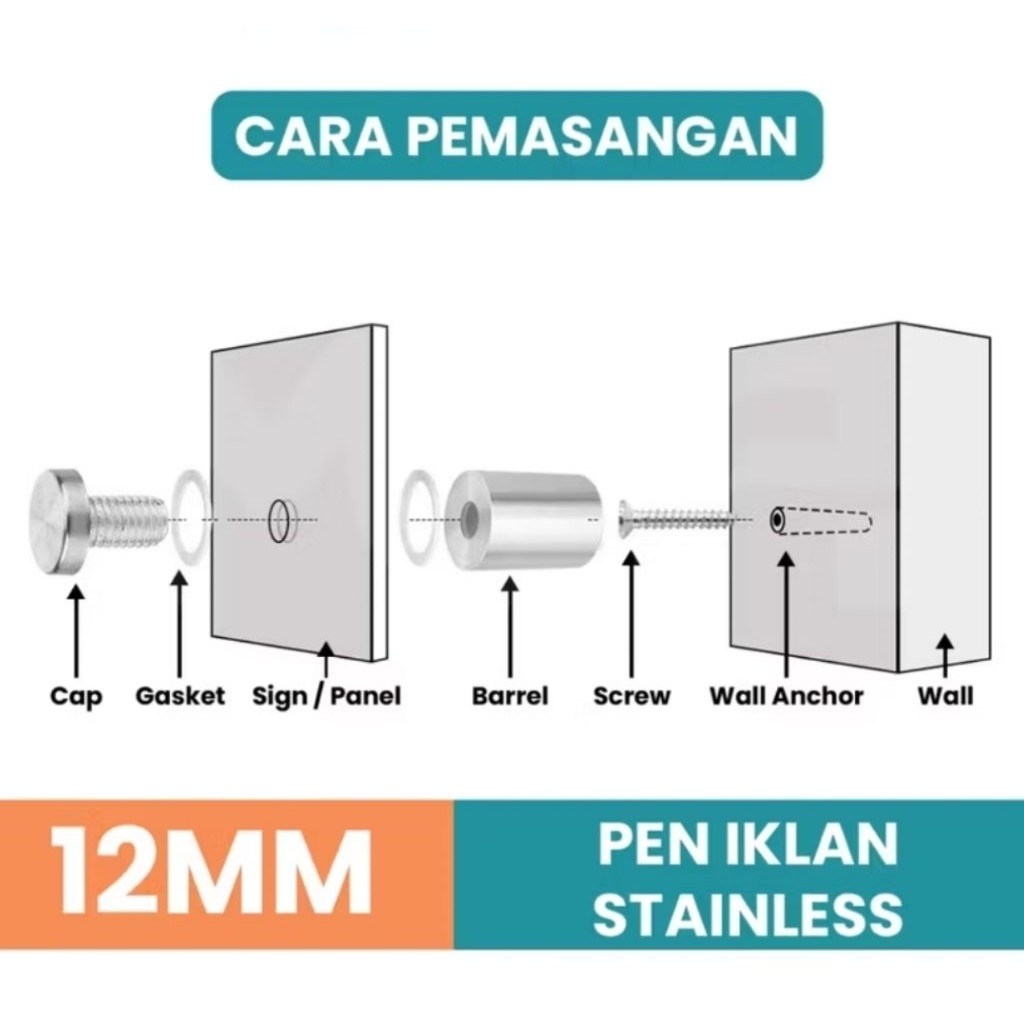 1PCS Pen Iklan Akrilik Ukuran 12x20mm Penyangga Papan Kaca Sign Board Paku Baut Reklame Dinding A194 - Gambar 4