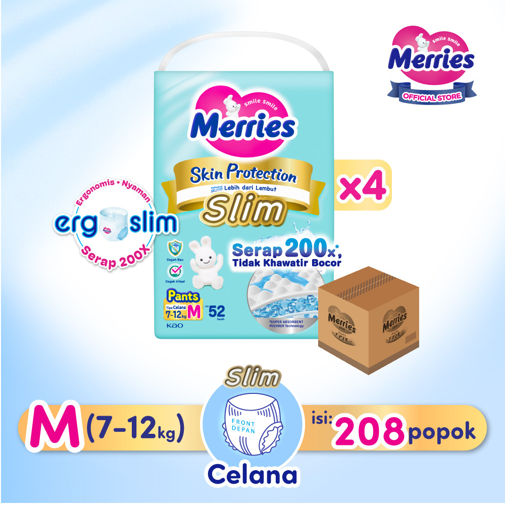 Merries Skin Protection Slim Pants Popok Bayi Diapers Ergoslim M (7-12kg) Serap 200x Tidak Khawatir Bocor Pads / Isi 52 Karton