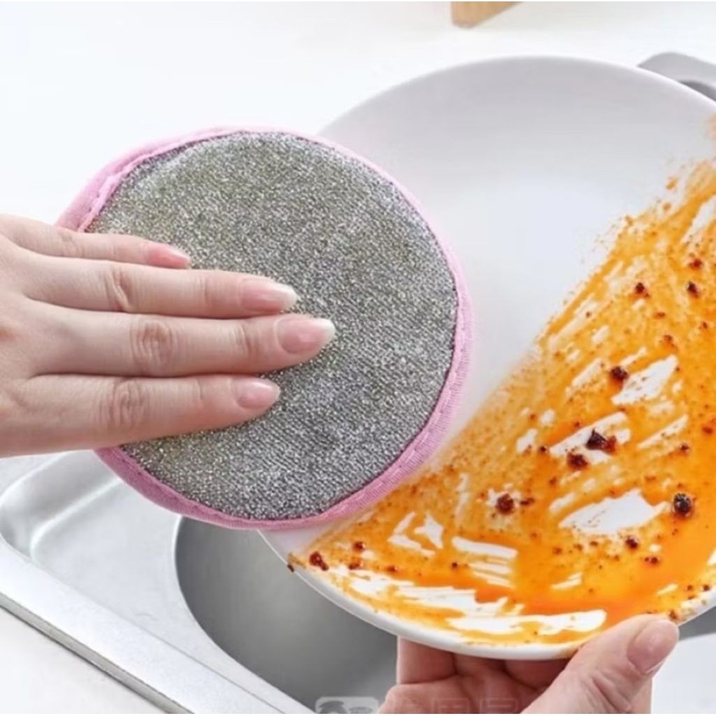 1PCS Spons Cuci Piring Busa Bulat Dua Sisi Sponge Panci Dapur 2in1 Double Dishwash Spon Kawat A132 - Gambar 3
