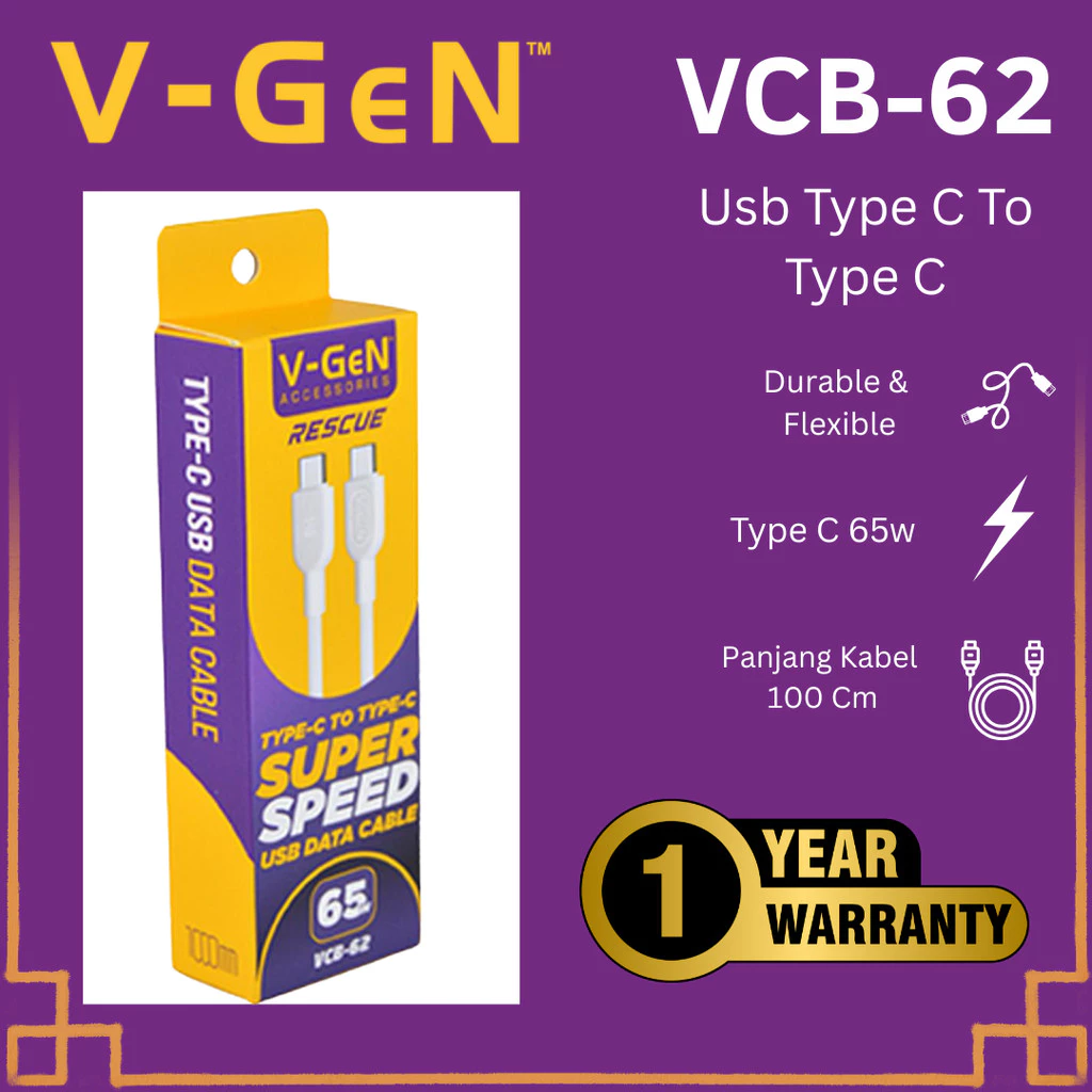V-GEN VCB-62 / VCB-65 Kabel Data Type C To Type C Qc Pd 65W 1 Meter