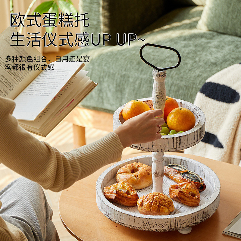 Creative Wooden Double-Layer Cake Tray Round Fruit Display Stand ...