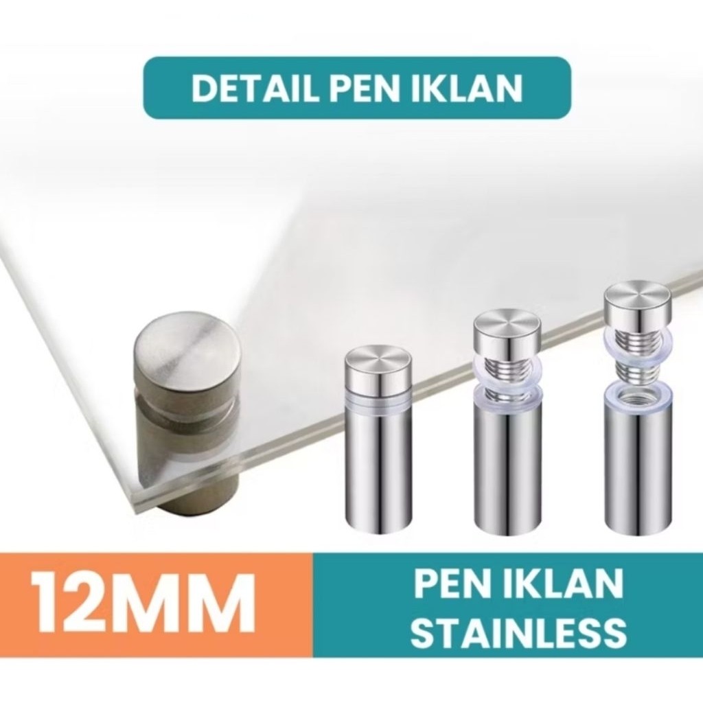 1PCS Pen Iklan Akrilik Ukuran 12x20mm Penyangga Papan Kaca Sign Board Paku Baut Reklame Dinding A194 - Gambar 2
