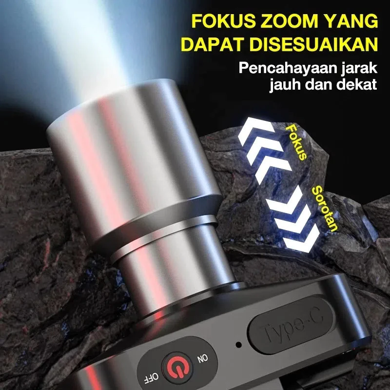 Senter Kepala Headlamp LED 3 ModeSuper Terang Cahaya Zoom Senter Rechargeable Type C - Gambar 2