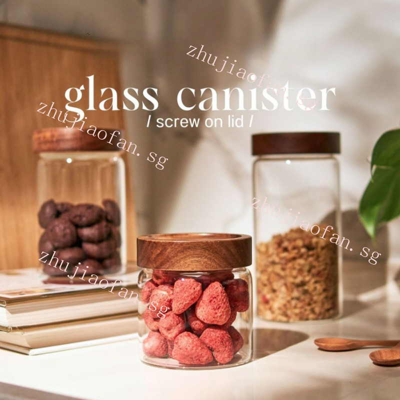 【SG local send】spice jar/glass storage/Acacia Wood Screw on lid Glass ...