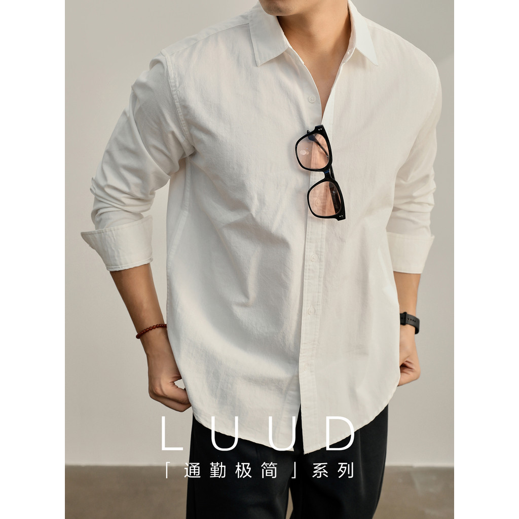 LUUD LUD Light Luxury Basic White Cotton Long-Sleeved Shirt Men's High ...