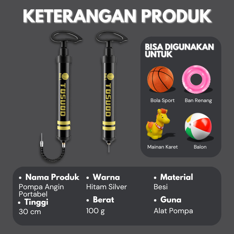Pompa Angin Portable 130 PSI Besi Tahan Lama untuk Bola Sepak Basket Voli dengan XTRA Pentil, Desain Ringan Mudah Dibawa dan Cepat Isi Angin - Gambar 3