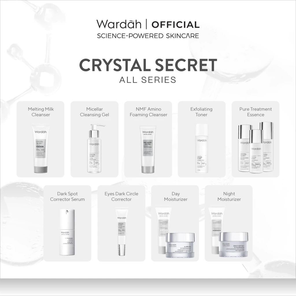 [CREATOR PICKS!] WARDAH Crystal Secret Series Lengkap - Milk Cleanser, Micellar Cleansing Gel, Foaming Cleanser, Exfoliating Toner, Pure Treatment Essence, Serum, Dark Spot Corrector, Day & Night Moisturizer, Refreshing Day Gel, Serum Mask - Skincare - Gambar 2