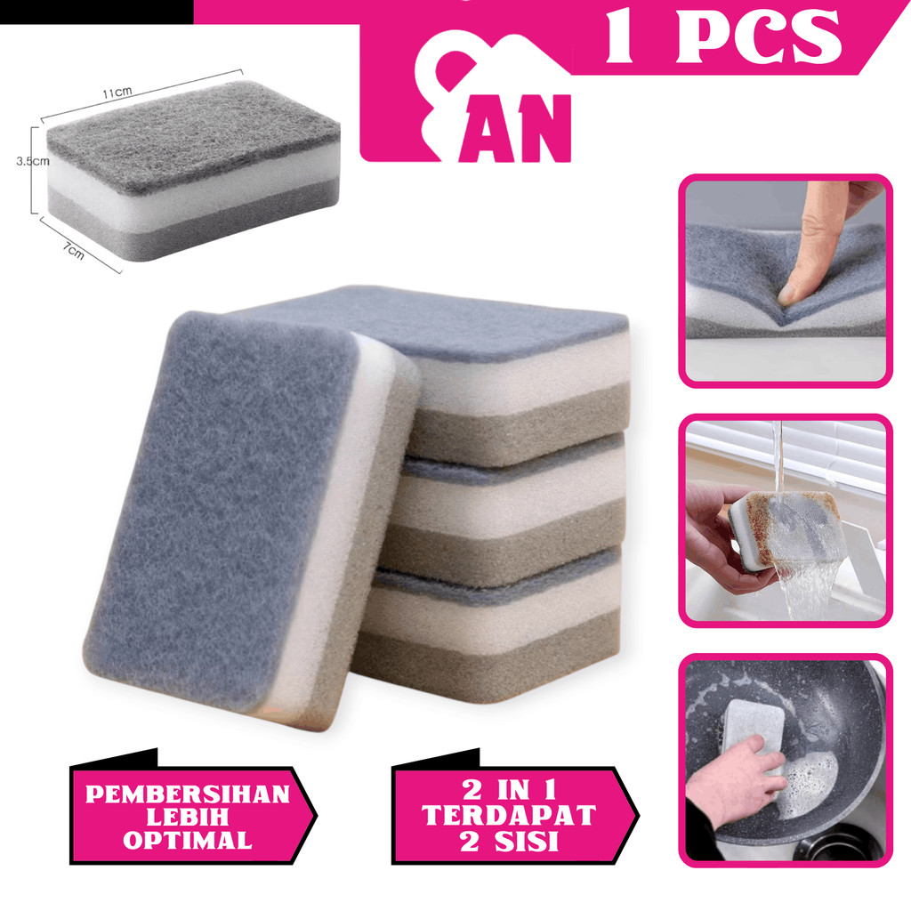 1PCS Spons Cuci Piring Dua Sisi Sponge Panci Busa Penghilang Kerak Minyak Spon Double Side A135