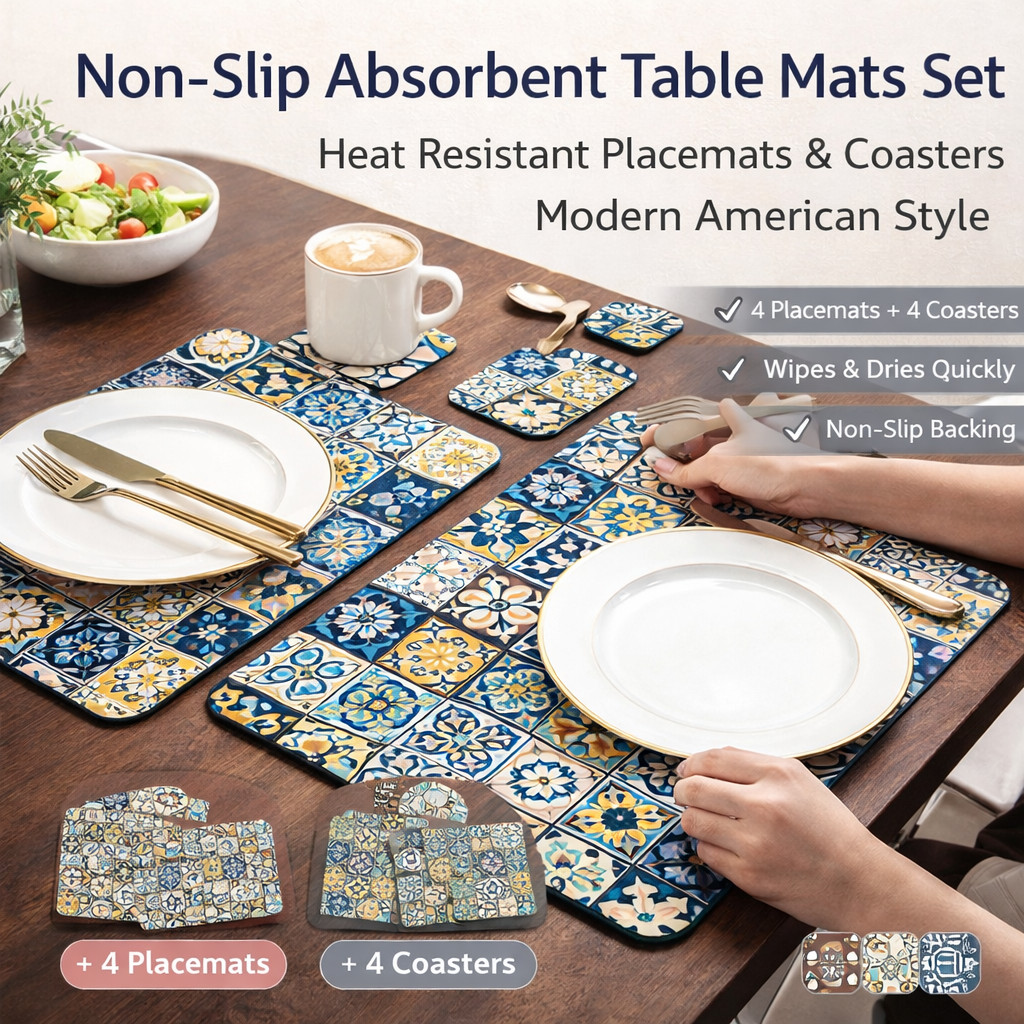 Non-Slip Absorbent Table Mats Set | Heat Resistant Placemats & Coasters ...