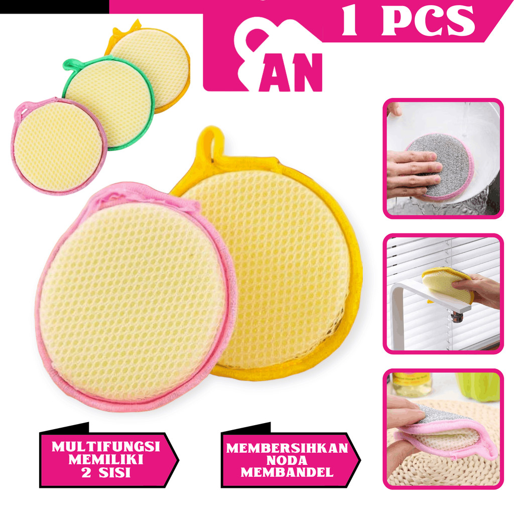 1PCS Spons Cuci Piring Busa Bulat Dua Sisi Sponge Panci Dapur 2in1 Double Dishwash Spon Kawat A132