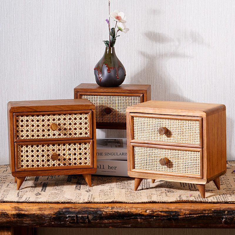 [in stock] Desktop wooden storage cabinet with rattan woven small ...