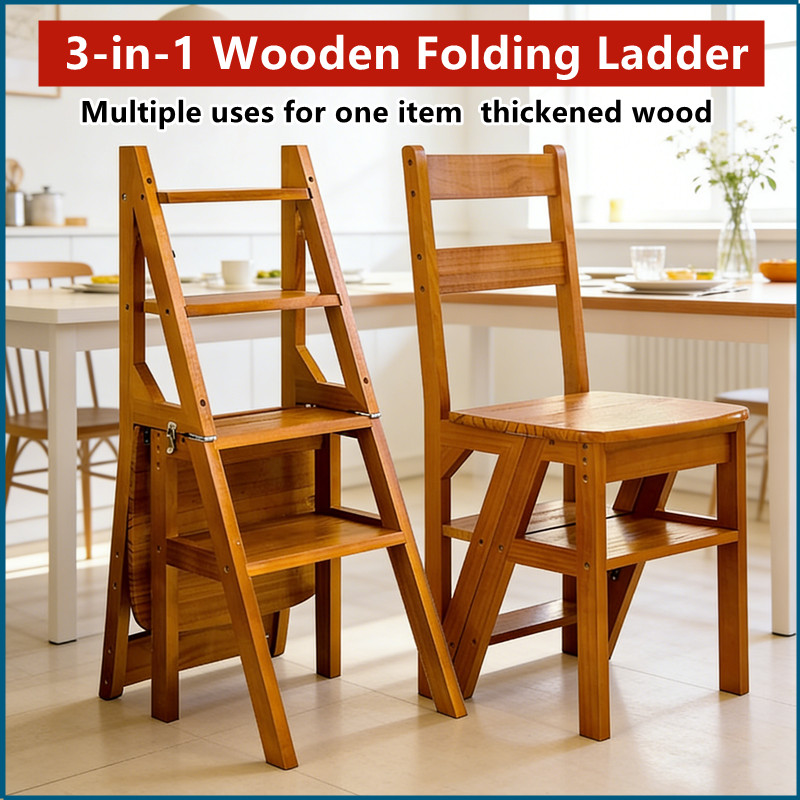 4 Tier Folding Step Ladder, 3-in-1 Wooden Folding Ladder Chair ...