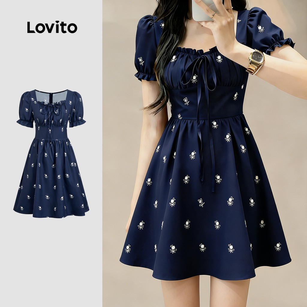 Lovito Casual Dress Lace Up Ruffle Spring/summer Navy Blue Dress for ...