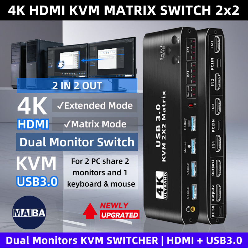 Newly 4K Dual Display HDMI KVM Matrix Switch 2 in 2 out HDMI KVM ...