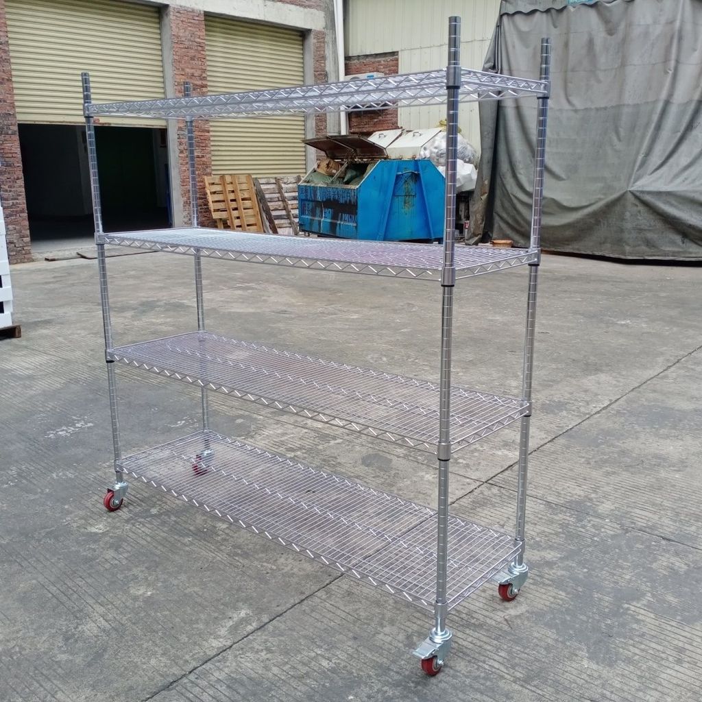 [in stock] Chrome-Plated Shelf with Wheels, Mobile Wire Mesh Balcony ...