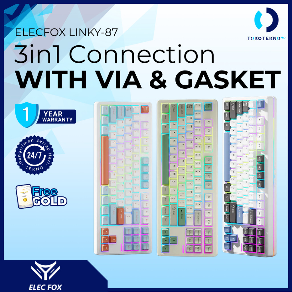 ELEC FOX / ELECFOX Linky-87 / Linky 87 PRO TKL Mechanical Keyboard 87% LED Gaming Keyboard 3in1 Connection