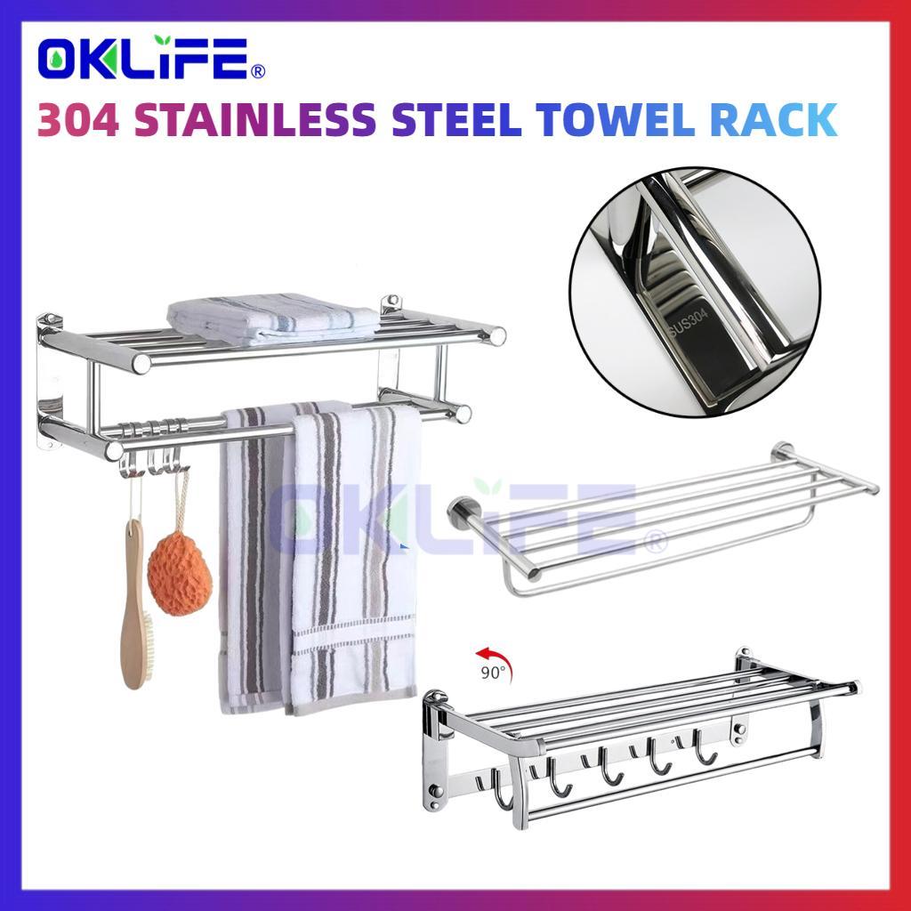 Wall Mounted 304 Stainless Steel Towel Rack Multi-layer Bathroom Shelf with Towel Bar for Hotel & Home