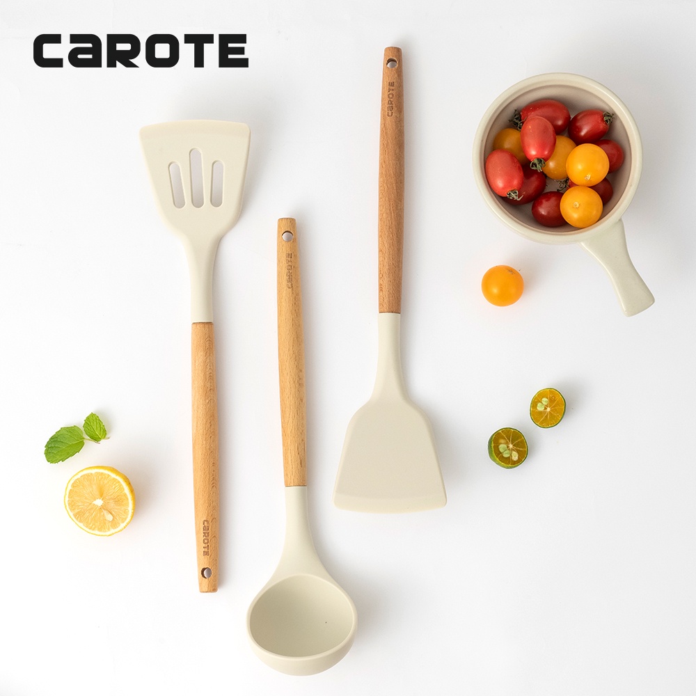 Carote Wooden Handle Silicone Kitchen Utensils Turner/ Ladle /Spoon  /Slotted Turner Food Grade Silicone Suitable For Non Stick Cookware【1PC】