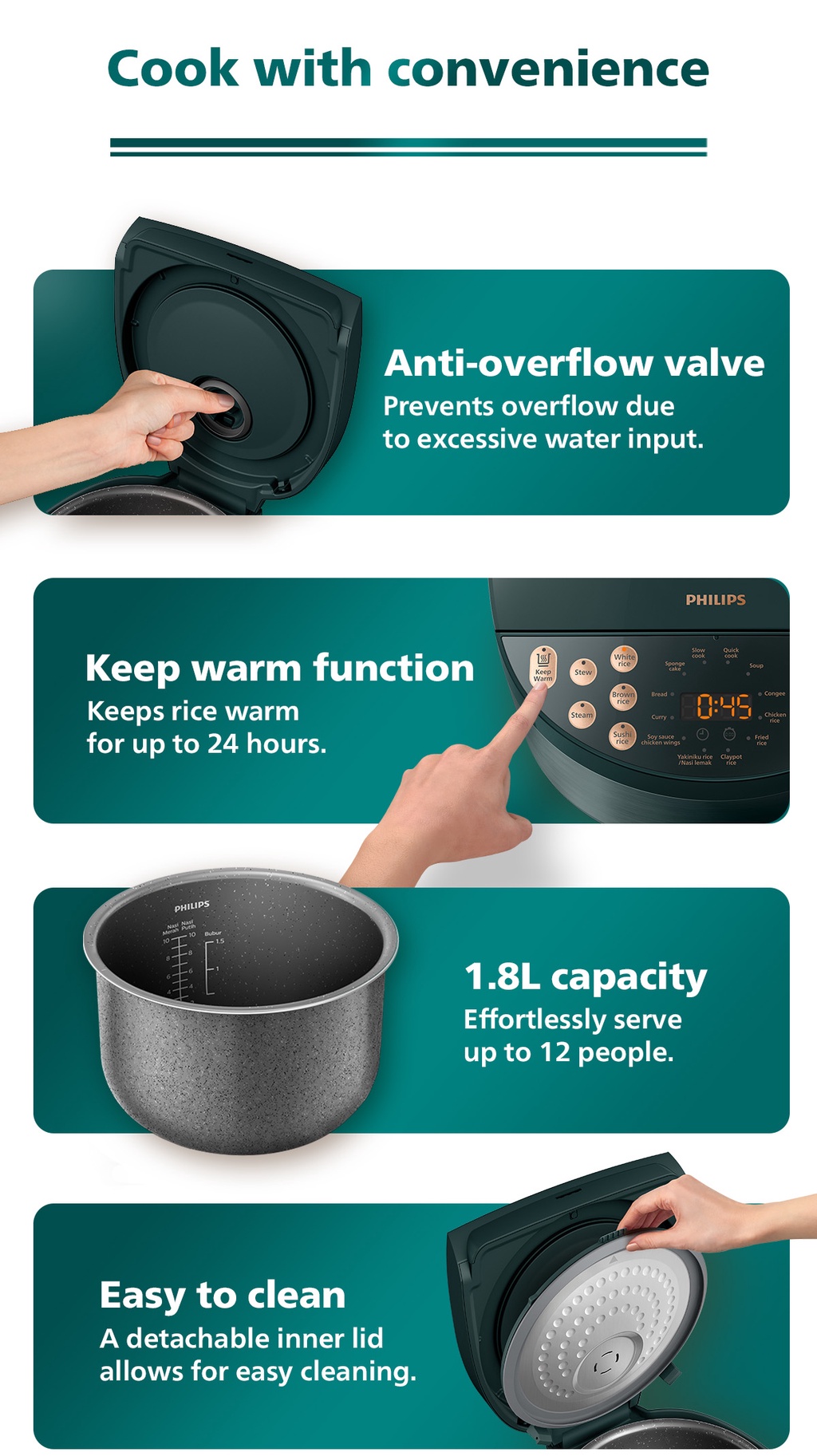 PHILIPS Digital Rice Cooker 3000 Series 1.8L HD4518/62, 18 programmes