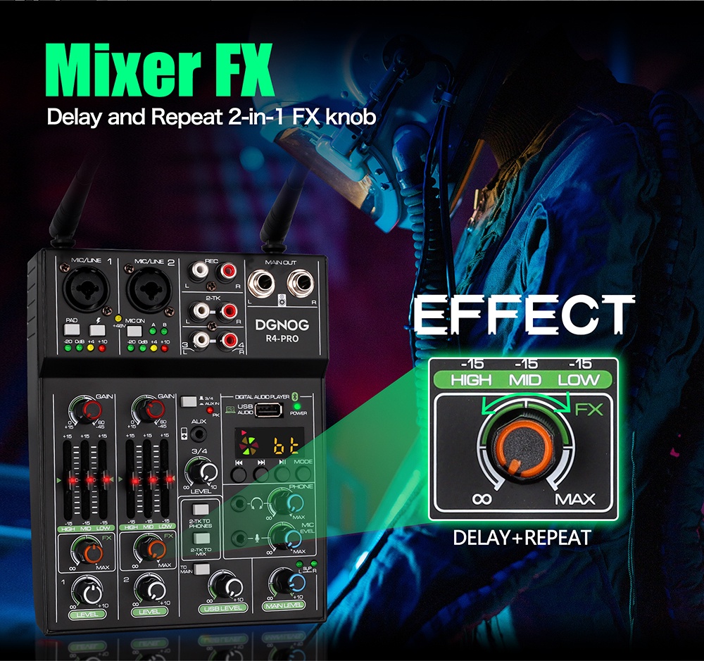 4 Channel USB Audio Mixer with Wireless Microphone Studio Sound Mixers ...