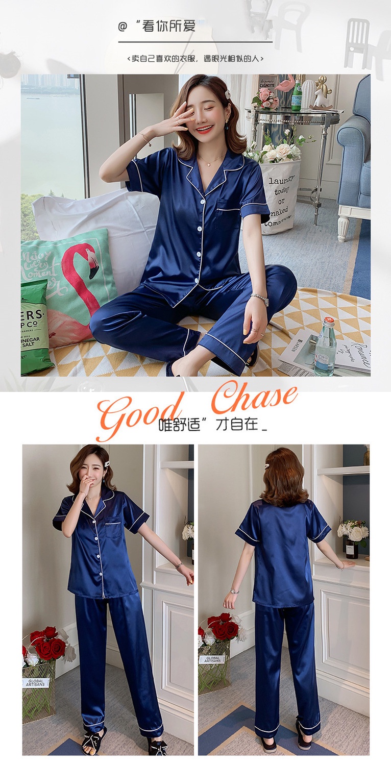 Silk Satin Short Sleeve Pyjamas Women Plain Simple style Pajamas Set ...