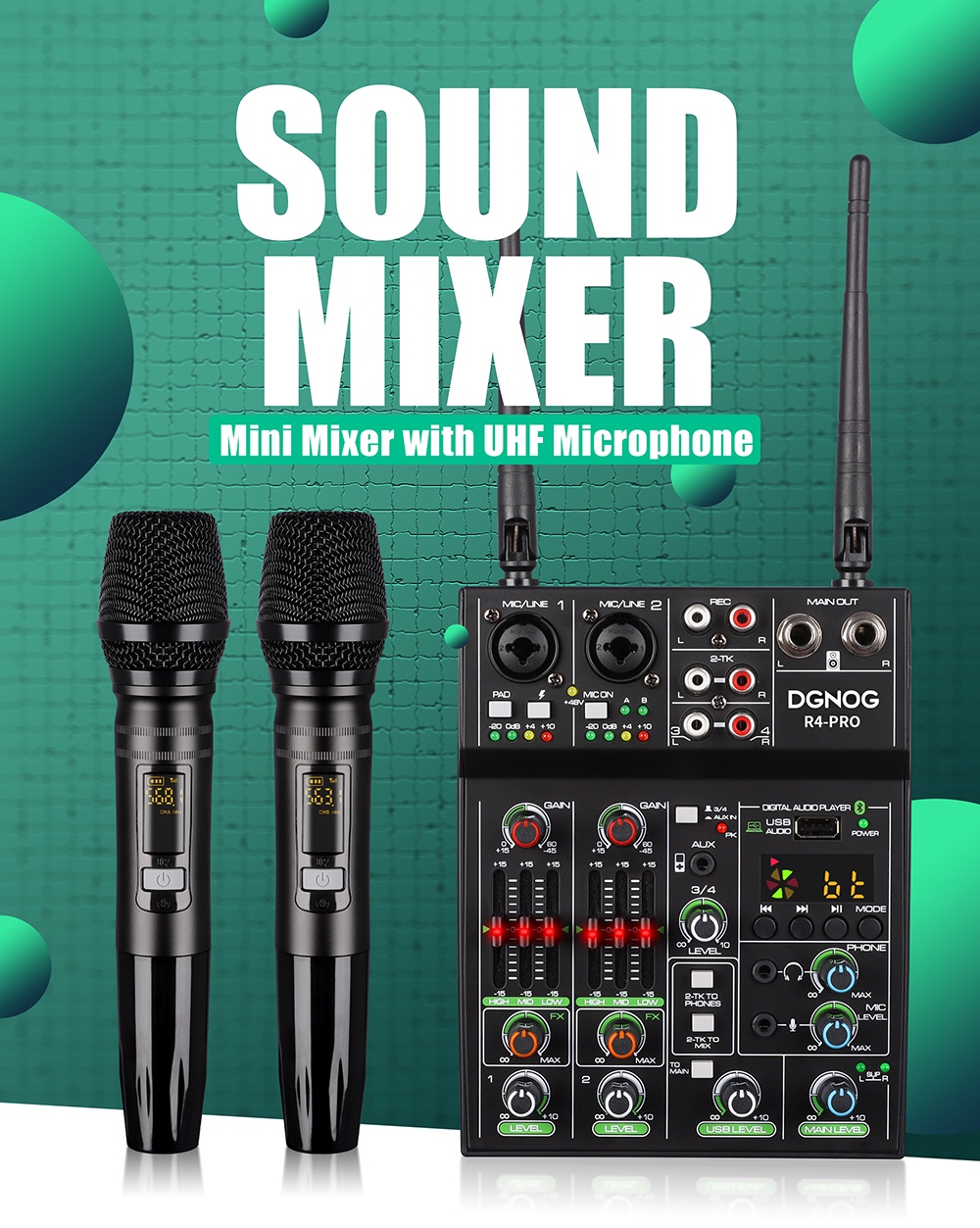 4 Channel USB Audio Mixer with Wireless Microphone Studio Sound Mixers ...