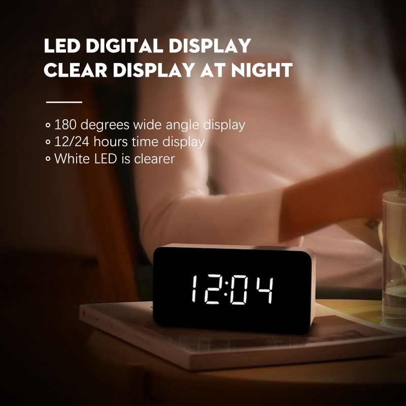 Wooden LED Digital Alarm Clock | Battery Powered | Time Date Temp ...