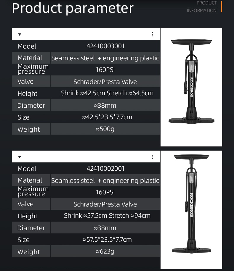 【3-day Delivery】ROCKBROS Pump Bicycle 160 PSI High Pressure Visual Tire ...