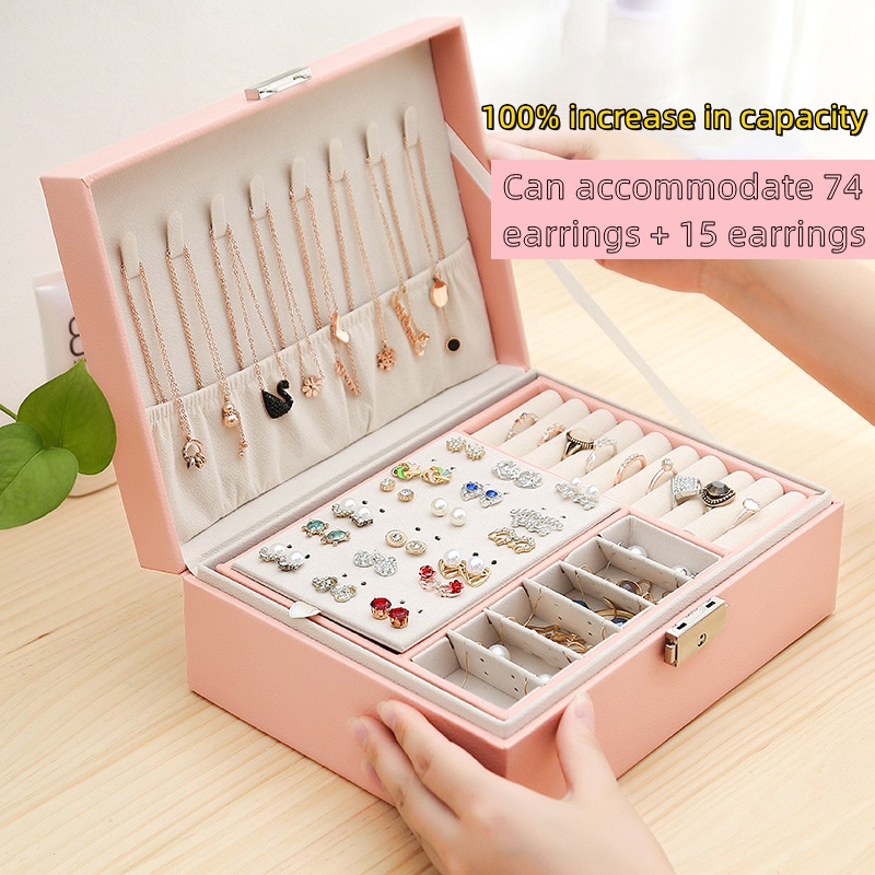 Portable Jewelry Organizer Leather Jewelry Box Double Layer Display Travel Case Storage Boxes for Earring Ring Necklace Holder