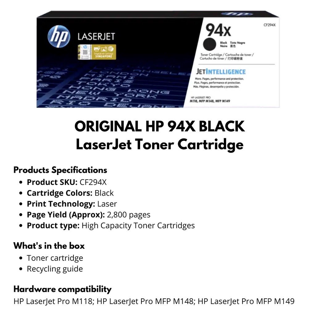 ORIGINAL HP 94A / HP 94X Black Toner Cartridge [ CF294A ] [CF294X ...