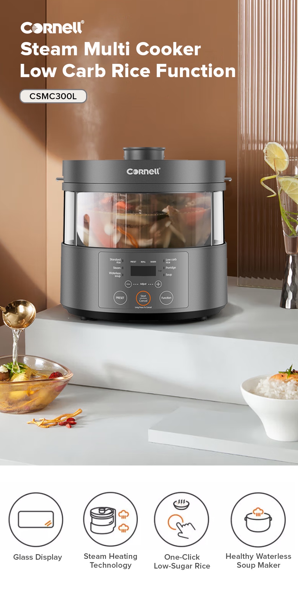 Cornell Steam Multi Cooker Low Carb Rice Cooker and Waterless