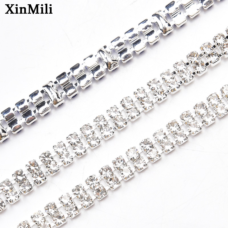 1 Meter 2 Line SS12 Rhinestone Chain Glass Crystal Beaded Wedding Dress ...