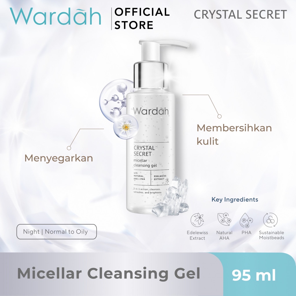 WARDAH Crystal Secret Micellar Cleansing Gel 95 ml - Micellar untuk kulit berminyak - Pembersih Muka dengan Extract Edelweiss - Mencerahkan dan Menyamarkan Flek Hitam - Skincare - Gambar 4