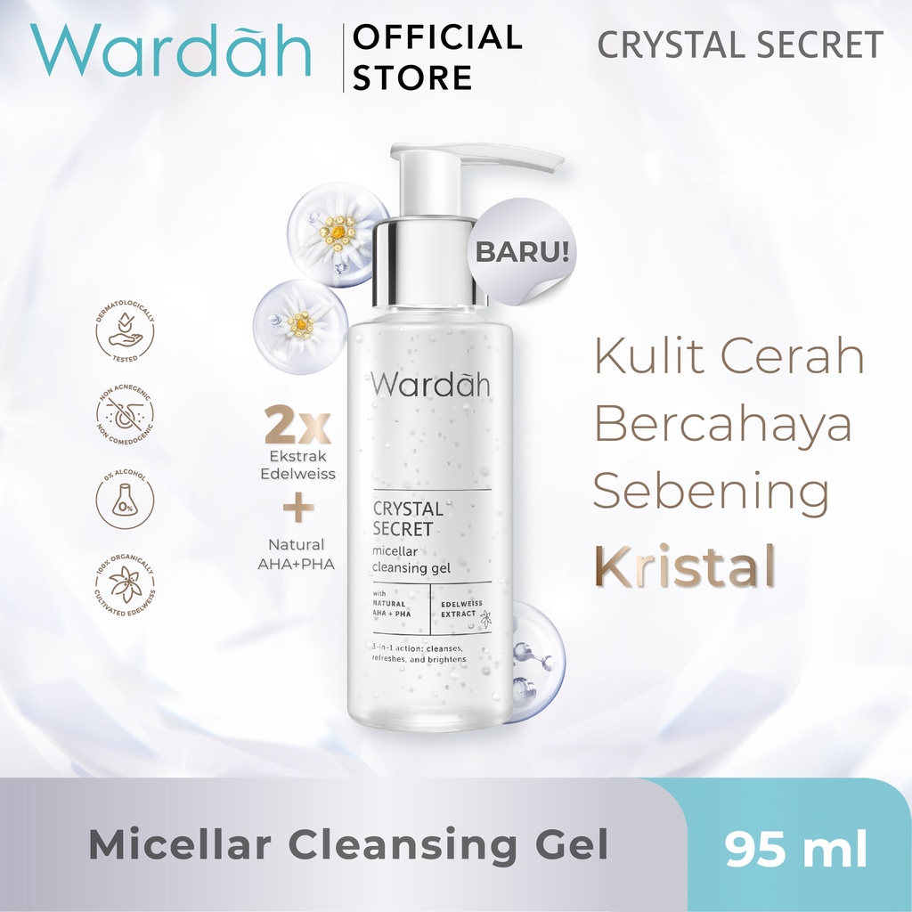 WARDAH Crystal Secret Micellar Cleansing Gel 95 ml - Micellar untuk kulit berminyak - Pembersih Muka dengan Extract Edelweiss - Mencerahkan dan Menyamarkan Flek Hitam - Skincare - Gambar 3