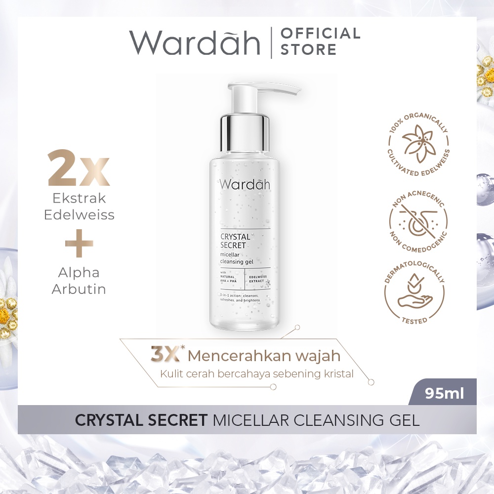 WARDAH Crystal Secret Micellar Cleansing Gel 95 ml - Micellar untuk kulit berminyak - Pembersih Muka dengan Extract Edelweiss - Mencerahkan dan Menyamarkan Flek Hitam - Skincare - Gambar 2