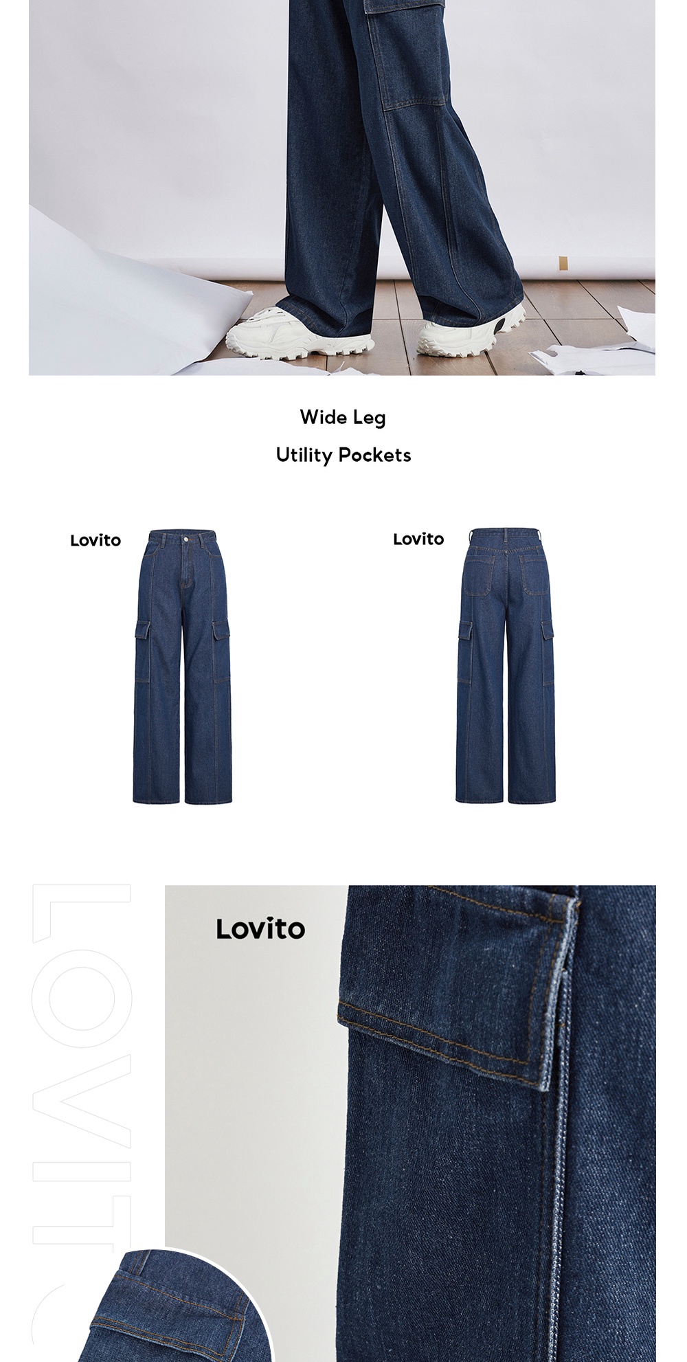 Lovito Casual Plain Wide Leg Utility Pockets Mid Rise Denim Women Cargo  Jeans L36AD043 (Dark Blue)