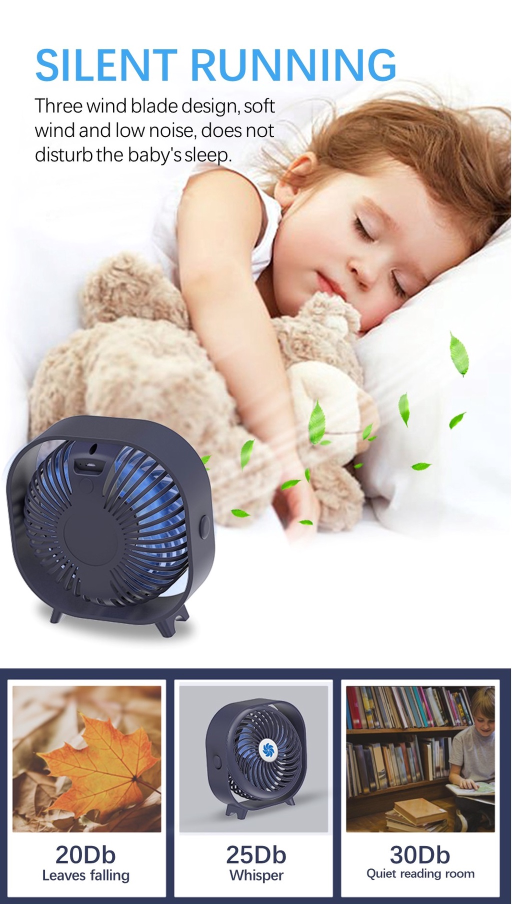 Silent Desktop Fan Mute 360-Degree Rotation Portable Fan USB Charging ...